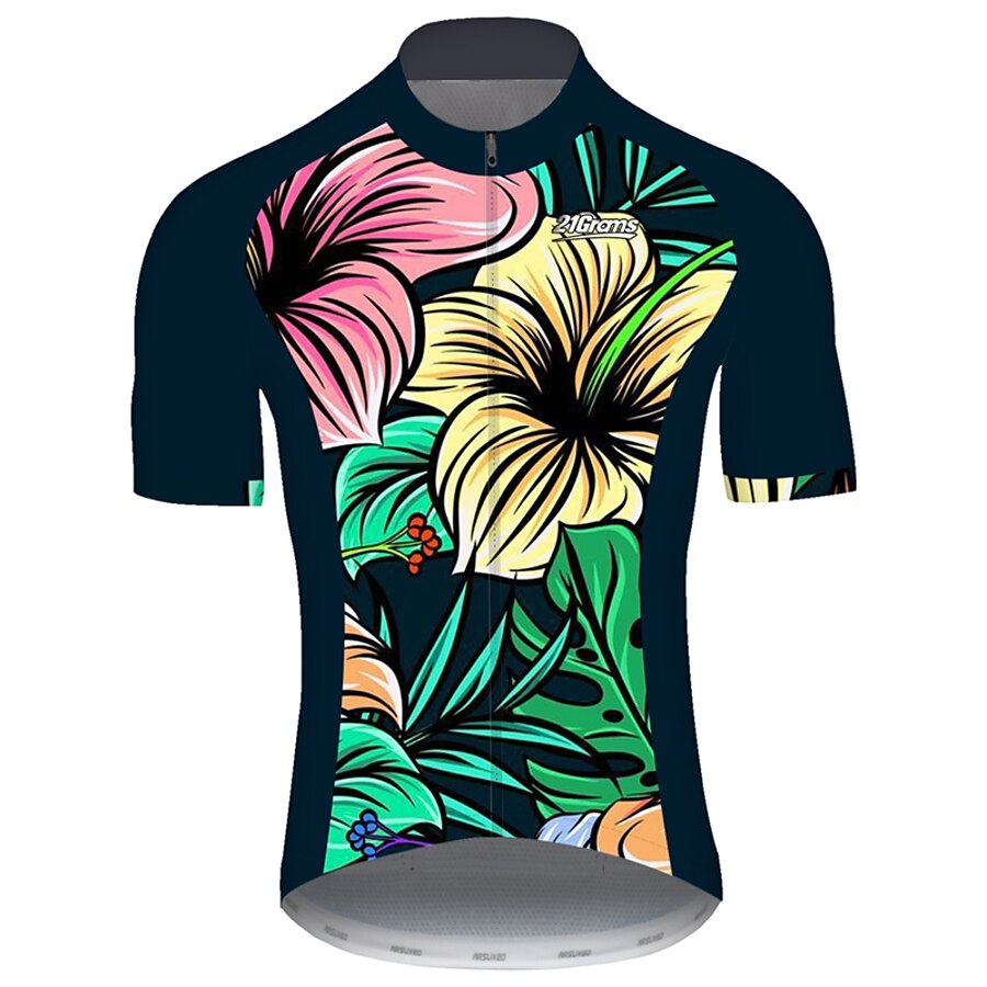  21Grams® Men's Cycling Jersey Short Sleeve Leaf Floral Botanical Bike Mountain Bike MTB Road Bike Cycling Jersey Top Black Green UV Resistant Breathable Quick Dry Sports Clothing Apparel / Stretchy