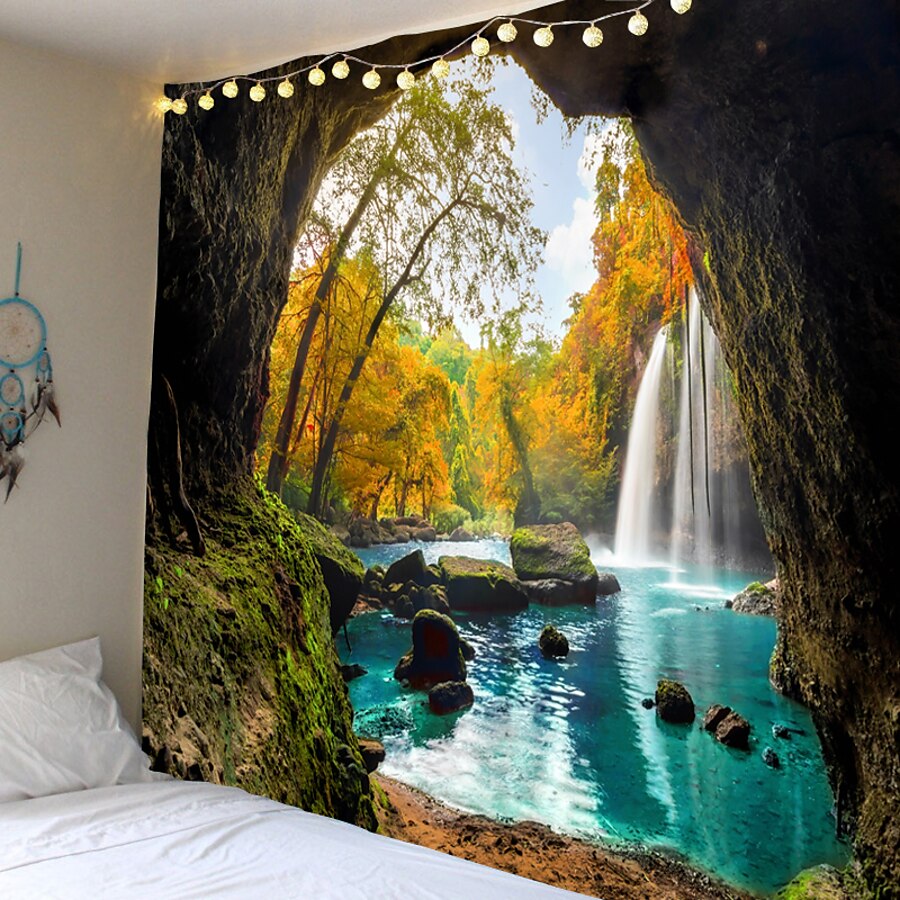  Wall Tapestry Art Decor Blanket Curtain Picnic Tablecloth Hanging Home Bedroom Living Room Dorm Decoration Mooie Cave Landscape Tree Forest Waterfall River