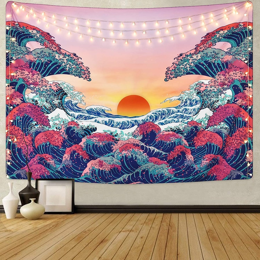  Kanagawa Wave Ukiyo-e Wall Tapestry Art Decor Blanket Curtain Hanging Home Bedroom Living Room Decoration Japanese Painting Style Sunrise Sunset Landscape