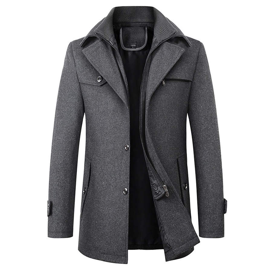  Men's Trench Coat Overcoat Fall & Winter Daily Long Coat Notch lapel collar Regular Fit Basic Jacket Long Sleeve Solid Colored Black Wine Camel / Wool