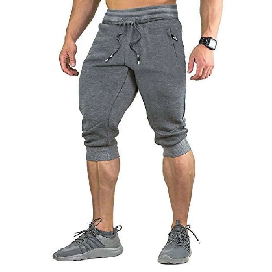 mens cotton casual shorts gym 3/4 jogger capri pants long short gray