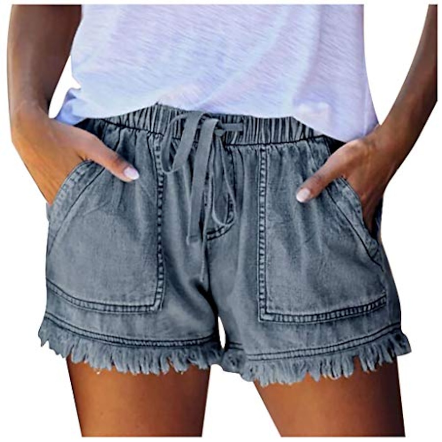  denim shorts women's loose fringe bandage short jeans tassel elastic waist bottom pants,dark blue,l