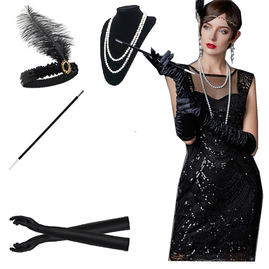  The Great Gatsby Charleston Roaring 20s 1920s Costume Accessory Sets Gloves Necklace Flapper Headband Women's Feather Plastic Feather Costume White / Black / Red Vintage Cosplay Party Prom / Scarf