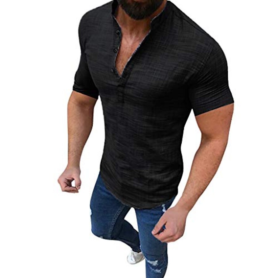  Cotton V Neck Shirt Short Sleeve Button Up Slim Fit Sold Summer Fashion T-Shirt Tops  Shirt