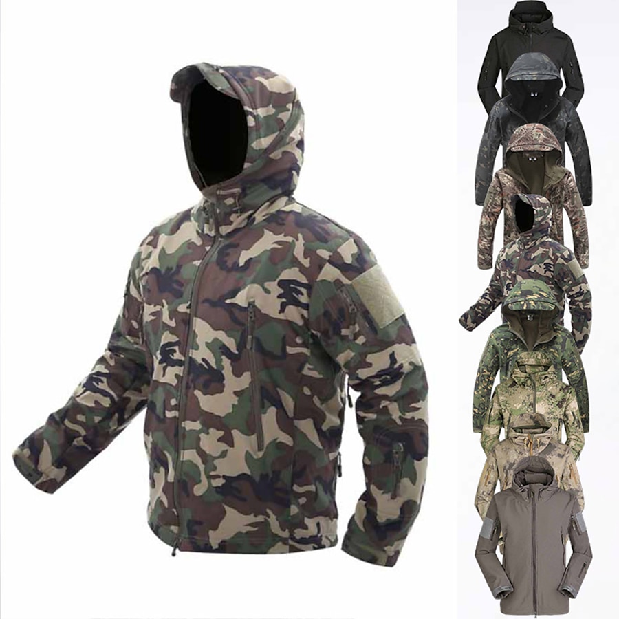  Men's Hooded Hoodie Jacket Hunting Fleece Jacket Outdoor Fall Winter Spring Waterproof Fleece Lining Wearproof Thick Jacket Camo Polyester Camping / Hiking Hunting Training Camouflage Blue Green