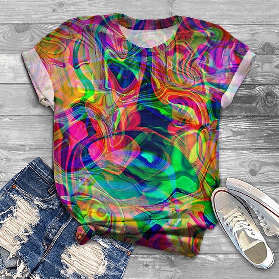  Women's Plus Size Tops T shirt Graphic Optical Illusion Print Short Sleeve Round Neck Streetwear Exaggerated Big Size / Holiday