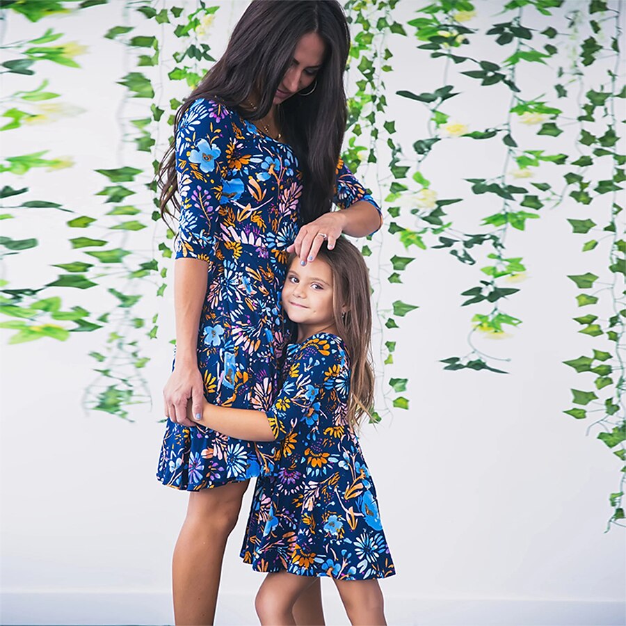  Mommy and Me Dress Graphic Print Blue Maxi Sleeveless Matching Outfits / Summer