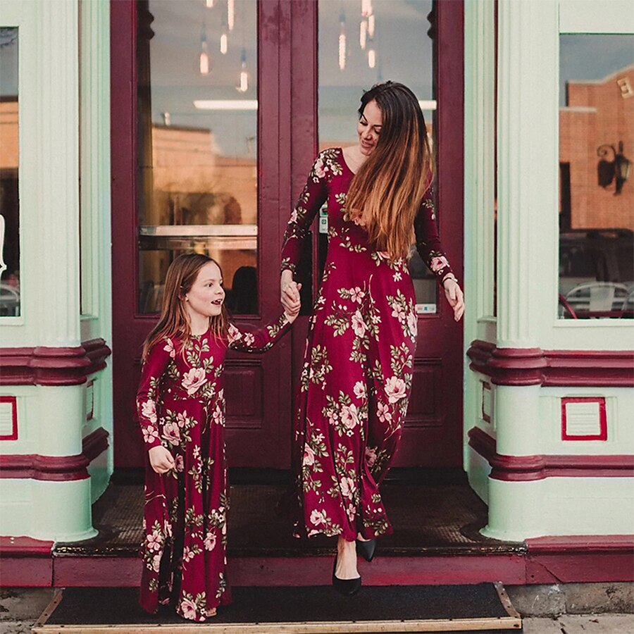  Mommy and Me Dress Casual Flower Print Red Maxi Long Sleeve Floral Matching Outfits / Fall / Spring / Summer