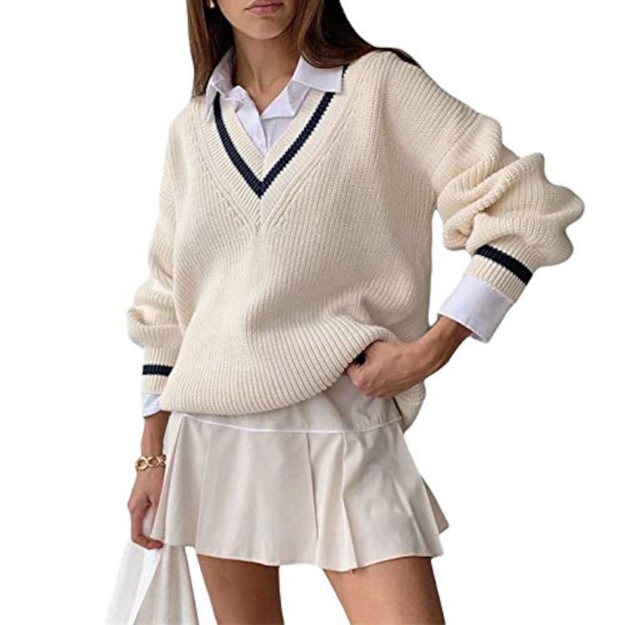  women's v neck sweater vest school uniform cable knit oversized batwing sleeve cricket sweater pulover tops white