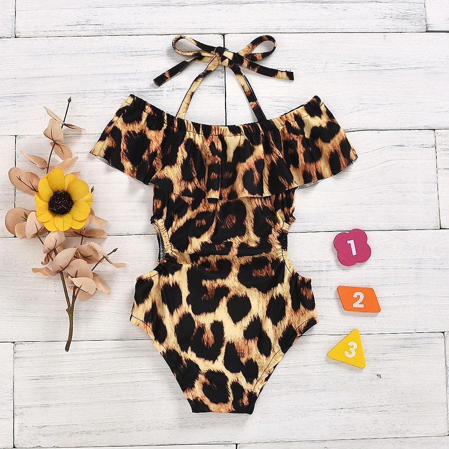  Kids Girls' One Pieces One Piece Swimsuit Swimsuit Ruffle Black & White Swimwear Sleeveless Leopard Screen Color Active Swimming Bathing Suits 1-5 Years / Summer