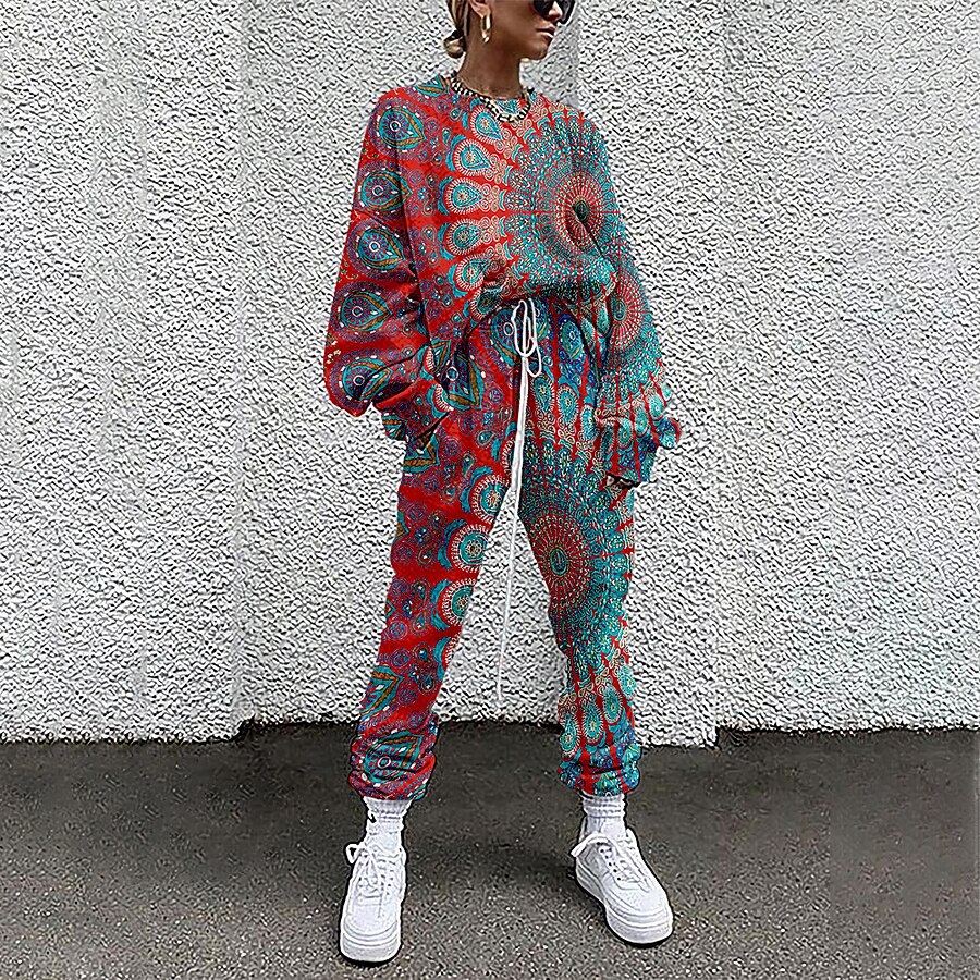  Women's Streetwear Cinched Floral 3D Print Color Block Casual Going out Two Piece Set Crew Neck Pant Loungewear Jogger Pants Sweatshirt Tracksuit Pants Sets Drawstring Print Tops