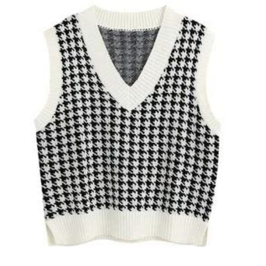  Women's Vest Houndstooth Knitted Sleeveless Sweater Cardigans Fall Spring V Neck Purple Blushing Pink Wine