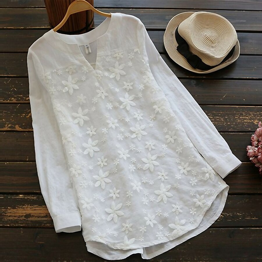  Women's Plus Size Tops Floral Blouse Shirt Long Sleeve Embroidered Basic Vintage V Neck Cotton Blend Daily Going out Fall Spring Blue White