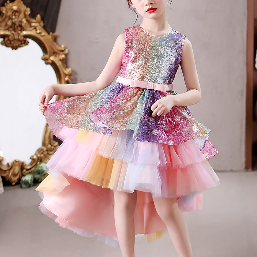  Kids Little Dress Girls' Sequin Party Wedding Performance Sequins As Picture Midi Sleeveless Princess Sweet Dresses Summer Children's Day Regular Fit 3-12 Years