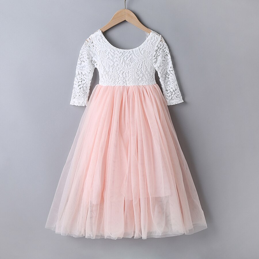  Kids Little Dress Girls' Color Block Special Occasion Swing Dress Backless Mesh Lace Blushing Pink Wine White Maxi Long Long Sleeve Sweet Dresses Children's Day Regular Fit 4-12 Years