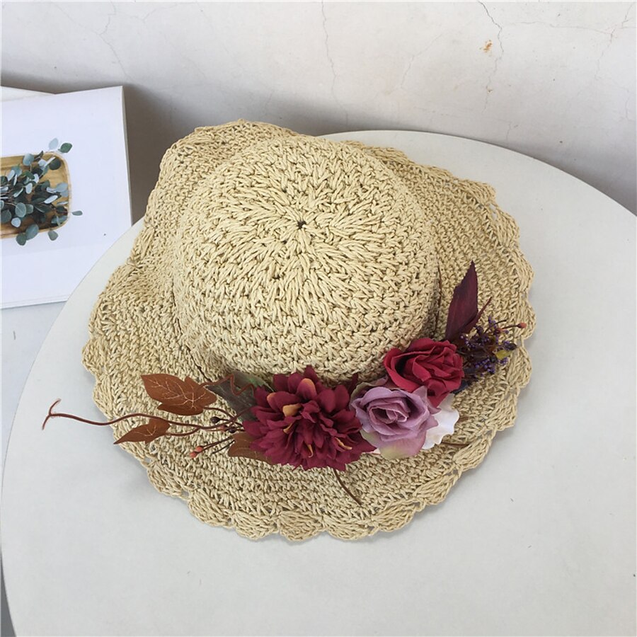  Women's Chic & Modern Street Holiday Tea Party Straw Hat Sun Hat Flower Flower Beige Gray Hat Sun Protection Ultraviolet Resistant Breathability / Pink / Khaki / Fall / Summer