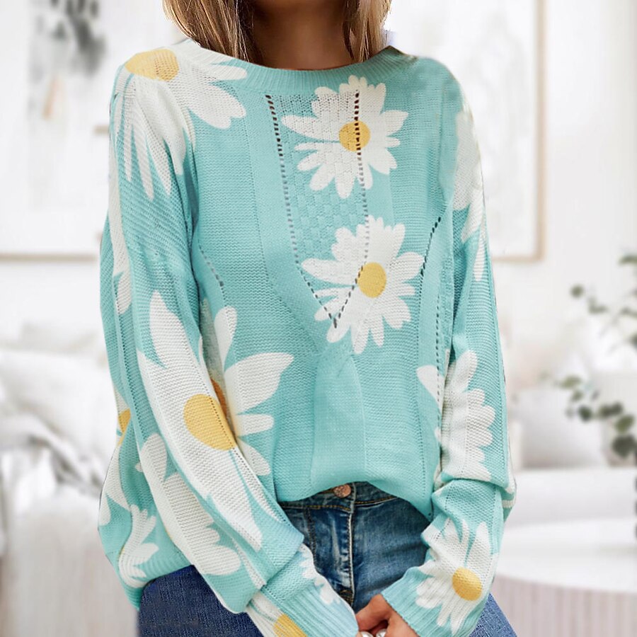  Women's Sweater Co-ords Pullover Daisy Flower Casual Long Sleeve Regular Fit Sweater Cardigans Fall Winter Round Neck Green Light Gray Dark Gray