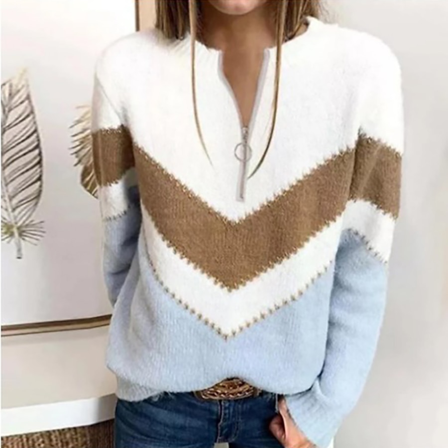  Women's Sweater Color Block Geometric Knitted Stylish Long Sleeve Sweater Cardigans Fall Spring V Neck Blue