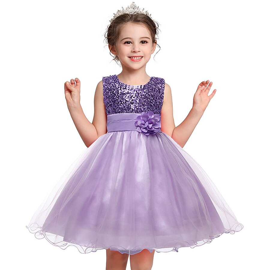  Kids Little Dress Girls' Floral Solid Colored Flower Party Tulle Dress Sequins Green White Black Knee-length Sleeveless Princess Sweet Dresses Fall Spring Slim 3-12 Years / Summer