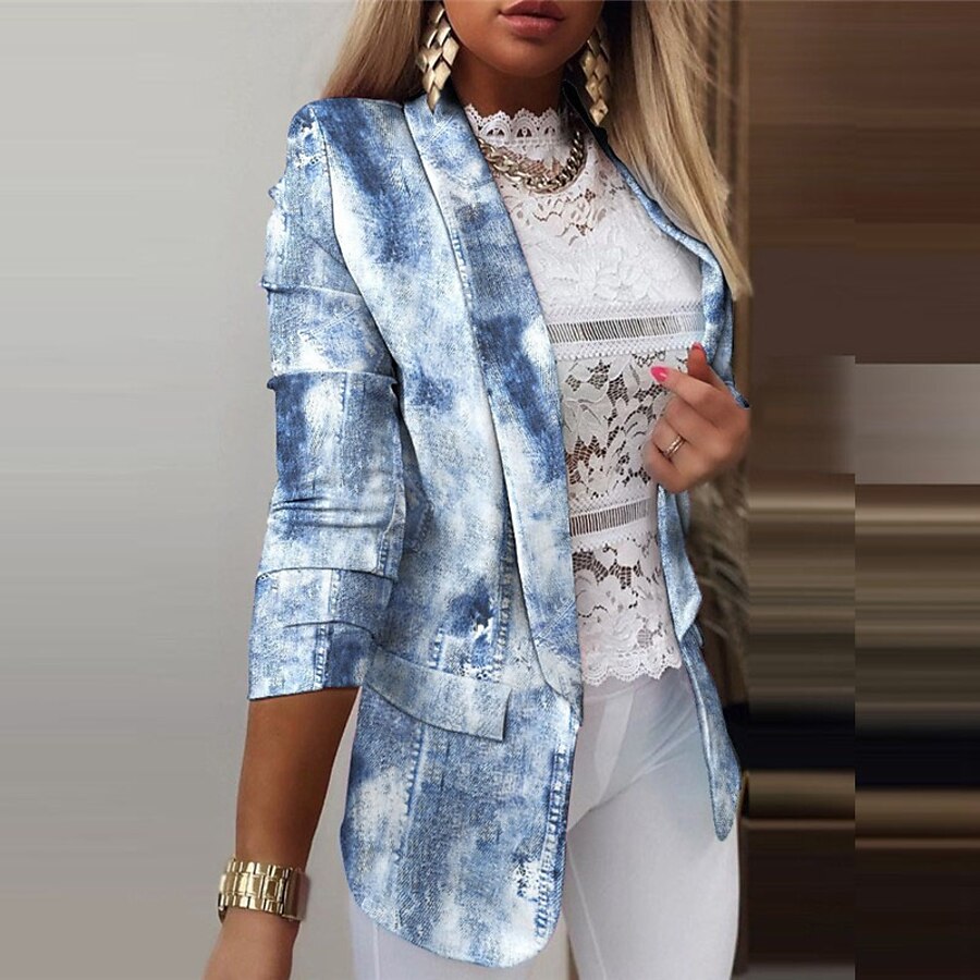  Women's Blazer Fall Spring Daily Work Regular Coat Breathable Regular Fit Casual Jacket Long Sleeve Print Striped Butterfly Blue Blushing Pink White