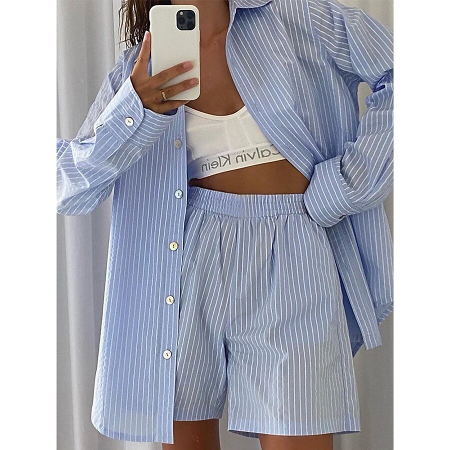  Women's Basic Striped Solid Color Daily Wear Two Piece Set Shirt Collar Pant Shorts Blouse Shorts Sets Shirt Patchwork Tops