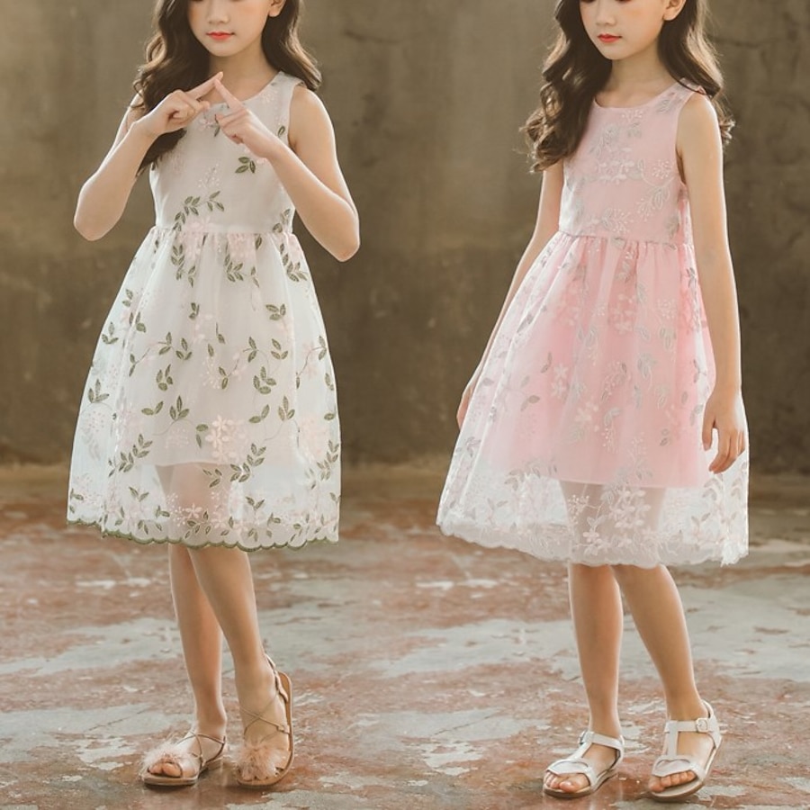  Kids Little Girls' Dress Floral / Botanical Solid Color Daily Wear Blushing Pink Beige Cotton Sleeveless Casual / Daily Dresses Summer 3-12 Years