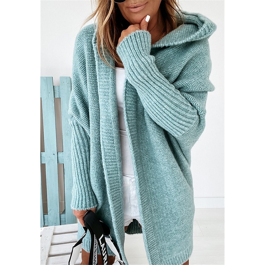  Women's Cardigan Solid Color Hooded Stylish Basic Casual Long Sleeve Loose Sweater Cardigans Fall Winter Hooded Open Front Apple Green Denim Purple / Holiday / Going out