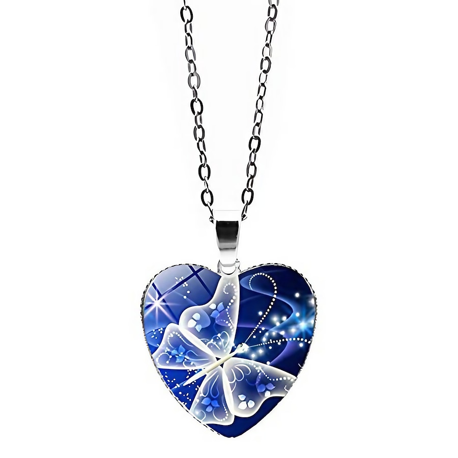 butterfly heart pendant necklace vintage choker glass love heart chain jewelry for women girls (navy)