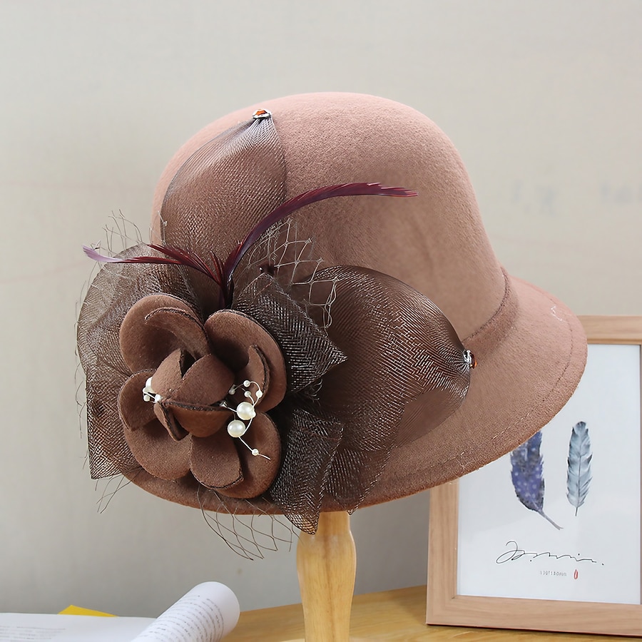  Women's Artistic / Retro Party Wedding Special Occasion Party Hat Flower Flower Camel Black Hat Portable Sun Protection Ultraviolet Resistant / White / Gray / Fall / Winter / Spring