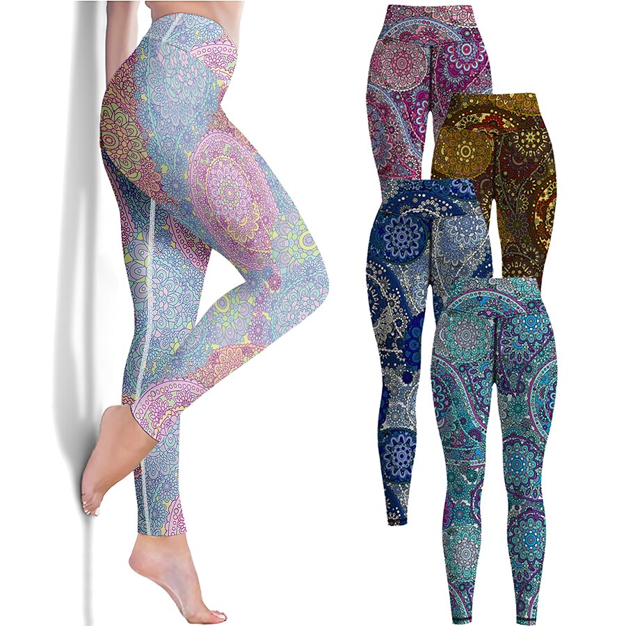  21Grams® Women's Yoga Pants High Waist Tights Leggings Bottoms Vintage Style Paisley Tummy Control Butt Lift Quick Dry Green Yellow Red Yoga Fitness Gym Workout Winter Sports Activewear High