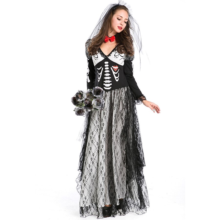  Skeleton / Skull Vampire Ghost Bride Costume Party Prom Women's Teen Adults' Gothic Halloween Festival / Holiday Cotton / Linen Blend Black Women's Easy Carnival Costumes / Dress / Headwear / Dress