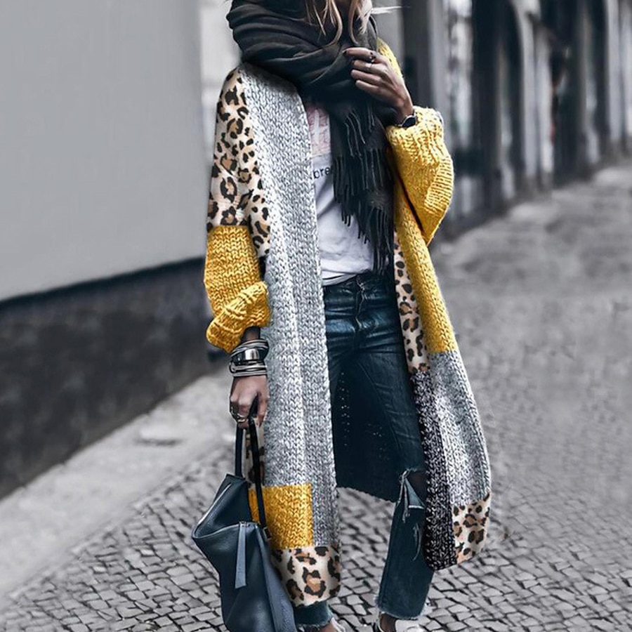  Per donna Cardigan Color Block Leopardo Lavorato a maglia Moda Informale Morbido Manica lunga Standard Maglioni cardigan Autunno Inverno Apertura anteriore Giallo / Per uscire