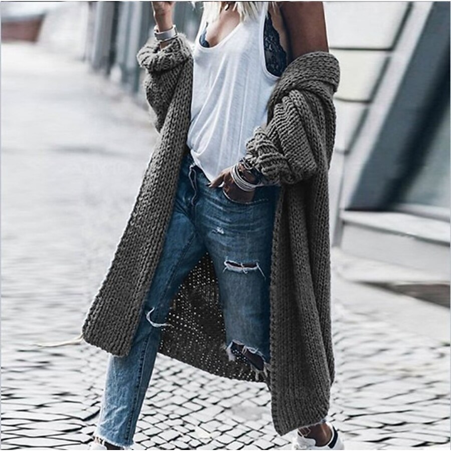  Women's Cardigan Solid Color Knitted Cotton Stylish Basic Casual Long Sleeve Regular Fit Sweater Cardigans Fall Winter Cowl Open Front Wine Red Denim Blue caramel