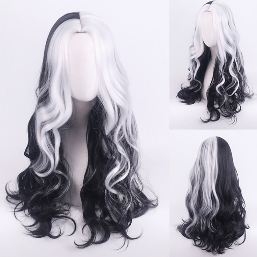  101 Dalmatians Cruella De Vil Cosplay Wigs Middle Part Women's Heat Resistant Fiber / Black White Curly Wavy Glamorous & Dramatic Teenager Adults' Anime Wig / Washable / # / Synthetic Hair / # / Yes