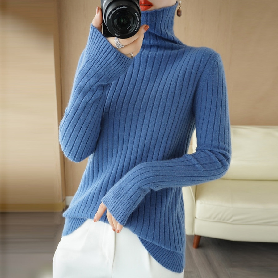  Women's Pullover Sweater Jumper Solid Color Knitted Stylish Basic Casual Long Sleeve Sweater Cardigans Fall Winter Turtleneck Blue Blushing Pink Camel