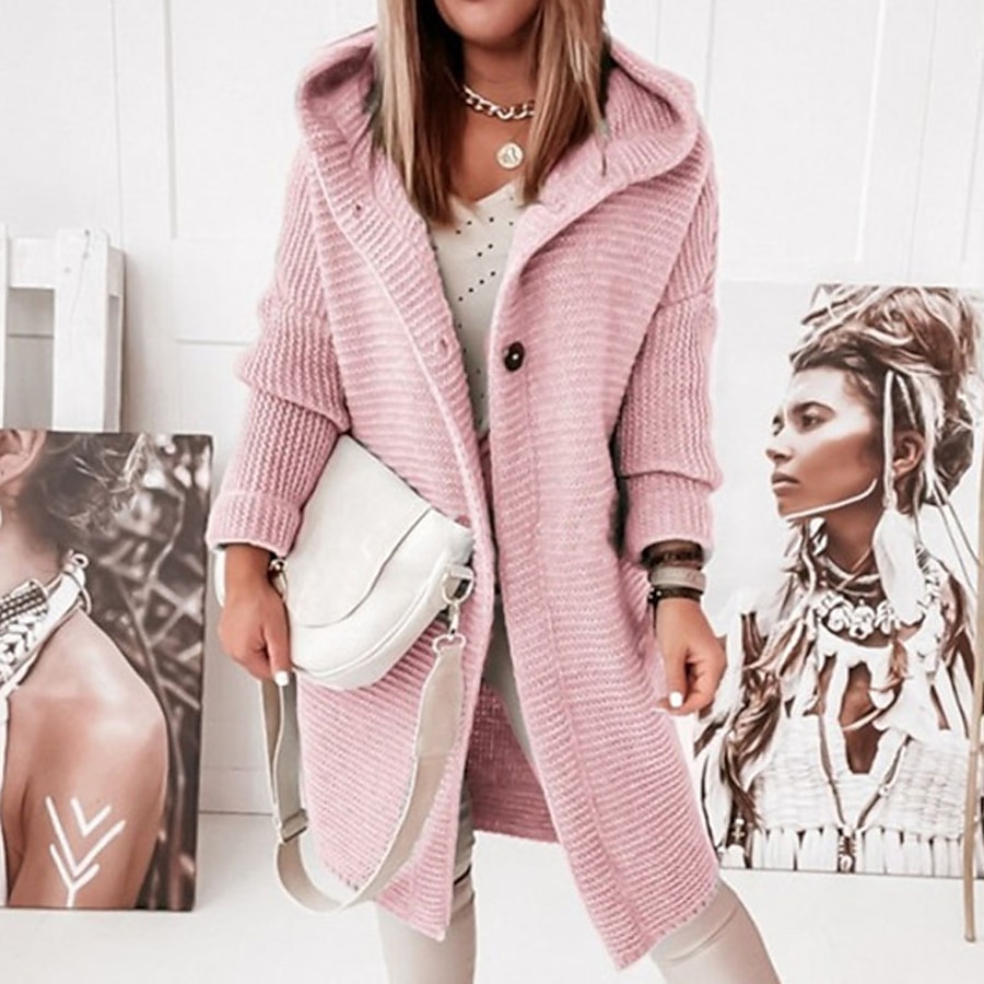  Women's Cardigan Solid Color Knitted Button Stylish Casual Soft Long Sleeve Regular Fit Sweater Cardigans Fall Winter Hooded Gray Pink Light Green