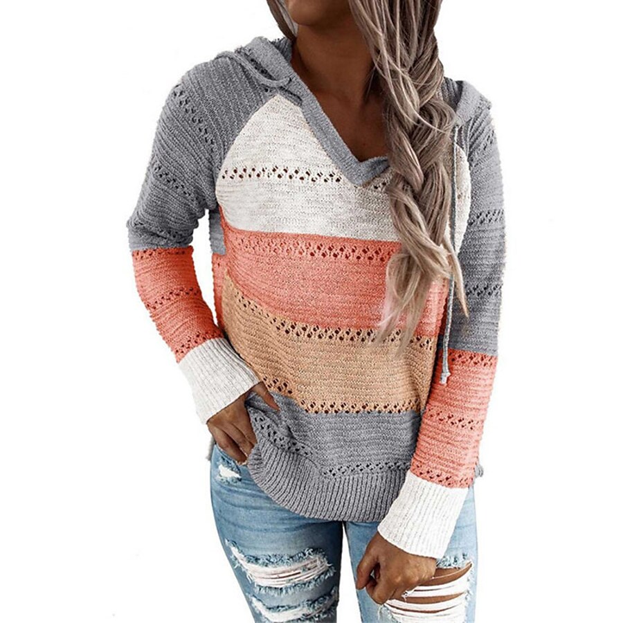  Women's Sweater Pullover Jumper Striped Knitted Stylish Casual Soft Long Sleeve Sweater Cardigans Fall Winter Hooded Blue Pink Black