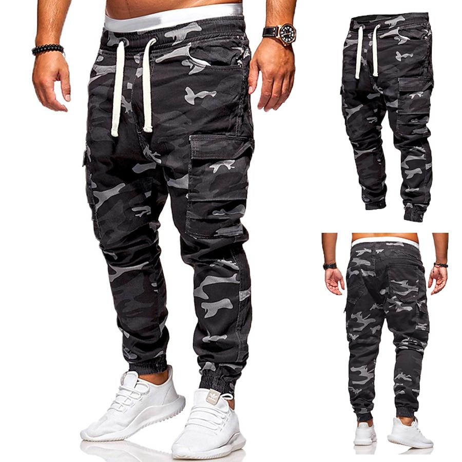  Men's Active Casual Drawstring Multi Pocket Elastic Waist Pants Sweatpants Trousers Pants Sports & Outdoor Daily Camouflage Mid Waist Black M L XL 2XL 3XL