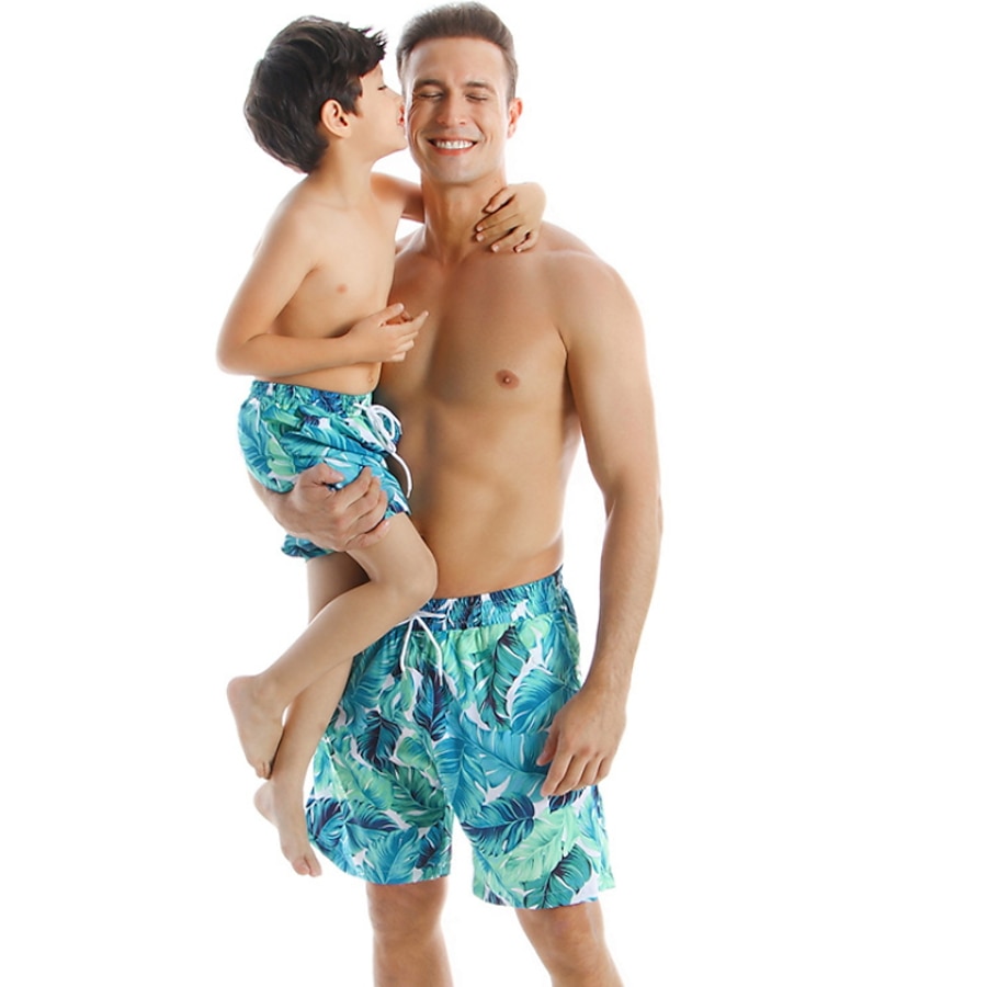  Dad and Son Swimsuit Sports & Outdoor Graphic Leaf Print Blue Casual Matching Outfits / Fall / Summer / Vacation