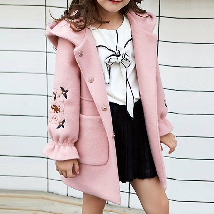  Kids Girls' Coat Pink Red Embroidered Cartoon Active Fall Winter 3-12 Years Daily / Cute