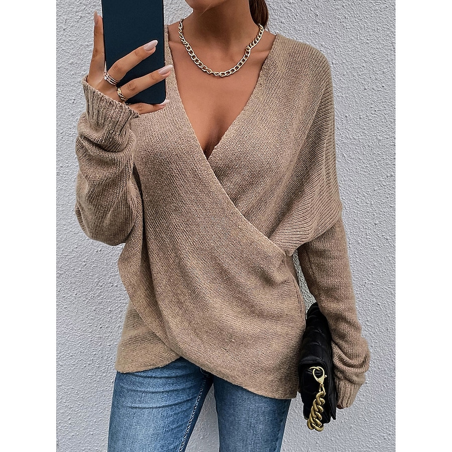 Women's Sweater Pullover Jumper Solid Color Criss Cross Knitted Stylish Casual Long Sleeve Regular Fit Sweater Cardigans Fall Winter V Neck Blue Purple Pink / Holiday / Going out