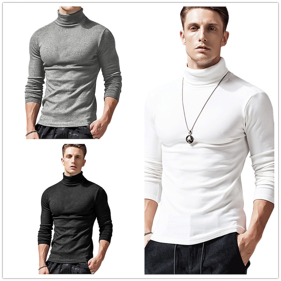  Men's T shirt Solid Color Turtleneck Casual Daily Long Sleeve Patchwork Tops Simple Basic Formal Fashion White Black Gray