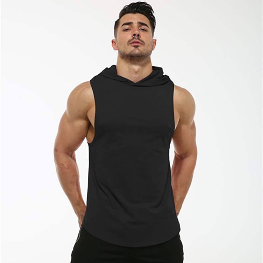  mens workout hooded tank tops bodybuilding muscle t shirt sleeveless gym hoodies,black,large