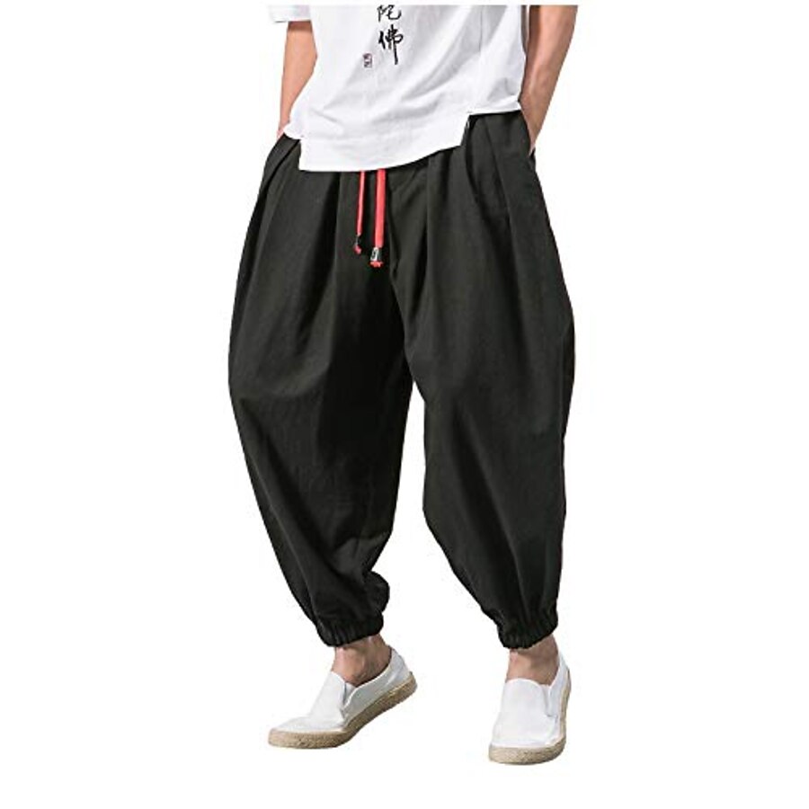  Harem Pants for Men Plus Size Yoga Pants Premium Cotton Long Pants Casual Elastic Waist Drawstring Hippie Beach Pants Black