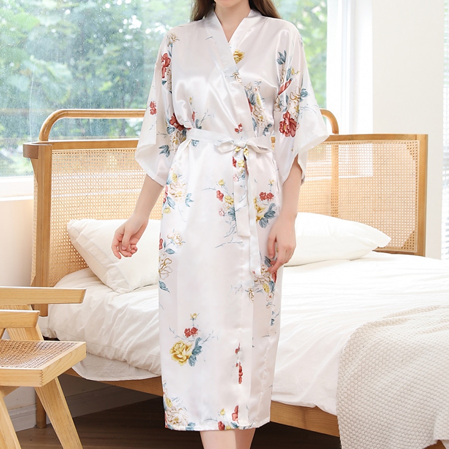  Women's 1 pc Pajamas Robes Gown Bathrobes Simple Comfort Kimono Robes Flower Silk Home Wedding Party Spa Gift Long Sleeve Print Fall Spring Belt Included White Blue / Satin