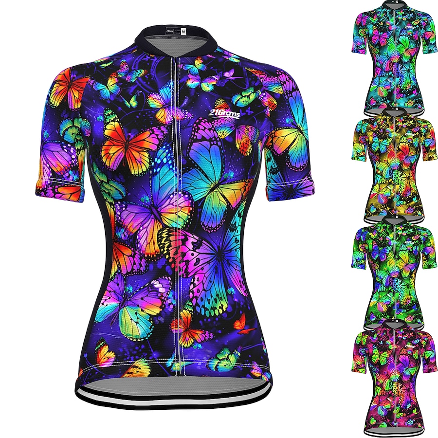  21Grams® Women's Cycling Jersey Short Sleeve Butterfly Bike Mountain Bike MTB Road Bike Cycling Top Green Purple Yellow Breathable Quick Dry Moisture Wicking Spandex Polyester Sports Clothing Apparel