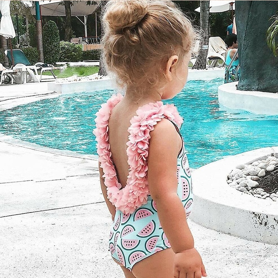  Kids Girls' One Piece Swimwear Swimsuit Print Swimwear Sleeveless Print Blue Cute Outdoor Bathing Suits 1-5 Years / Summer