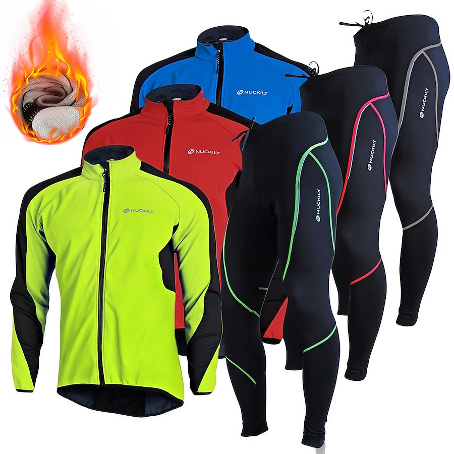  Nuckily Men's Cycling Jacket with Pants Long Sleeve Mountain Bike MTB Road Bike Cycling Winter Green Red Blue Bike Fleece Silicone Clothing Suit Thermal Warm Waterproof Windproof 3D Pad Warm Sports