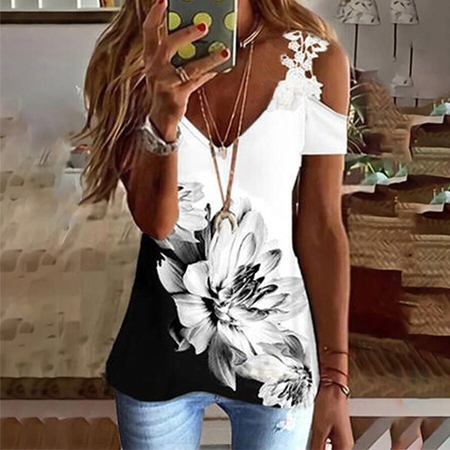  Women's Casual Holiday Weekend T shirt Tee Floral Painting Short Sleeve Feather V Neck Lace Cold Shoulder Print Basic Tops White Black Blue S / 3D Print