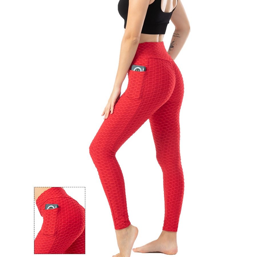  Women's Yoga Pants High Waist Tights Leggings Bottoms with Phone Pocket Jacquard Tummy Control Butt Lift Breathable Rust Red White Black Yoga Fitness Gym Workout Winter Sports Activewear High
